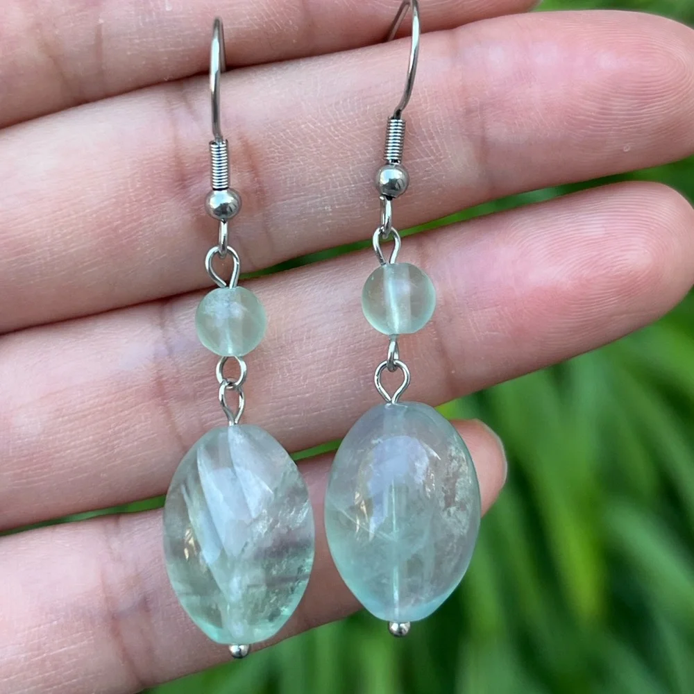Stainless steel green fluorite earrings‎ 0201